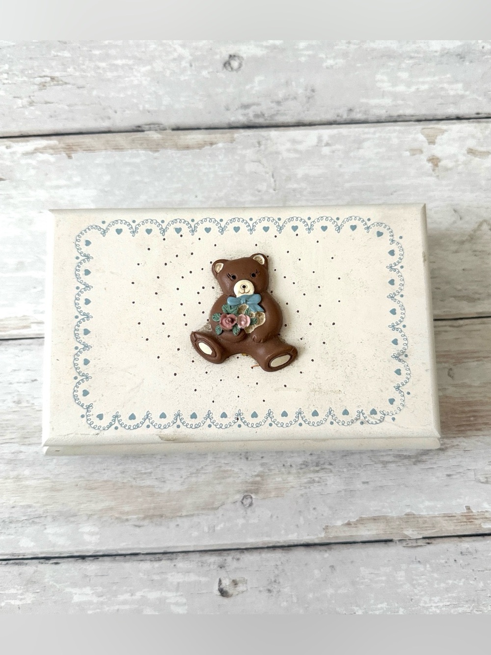 Teddy Bear Wooden Jewelry Trinket Box with Lid Velvet Lined White Baby Blue